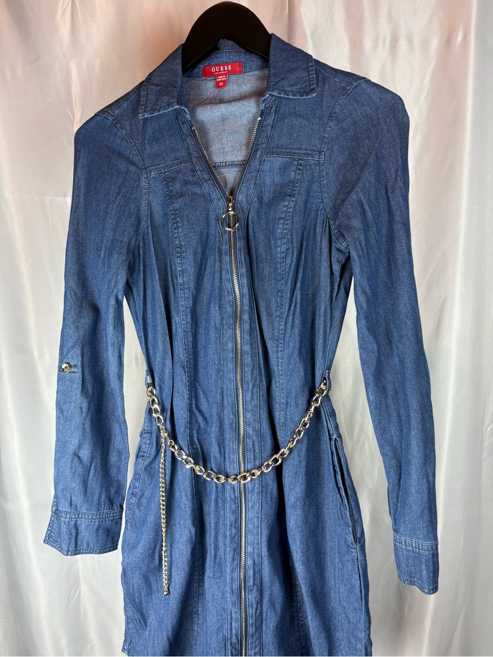 GUESS XS Denim Chambray Zip Front Dress Gold Chain Belt Y2K